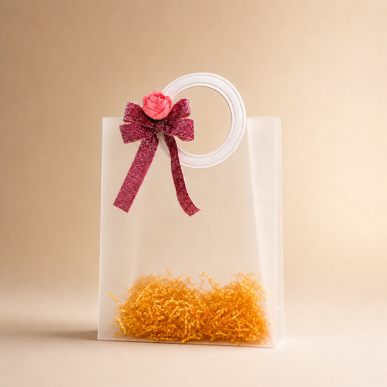 (Set of 5)Premium Frosted Transparent Gift Bags with Floral Bow – 7 x 10 Inch Sizes | Luxury Hamper Packing Bags