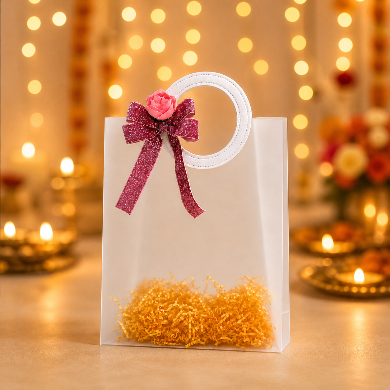 (Set of 5)Premium Frosted Transparent Gift Bags with Floral Bow – 7 x 10 Inch Sizes | Luxury Hamper Packing Bags