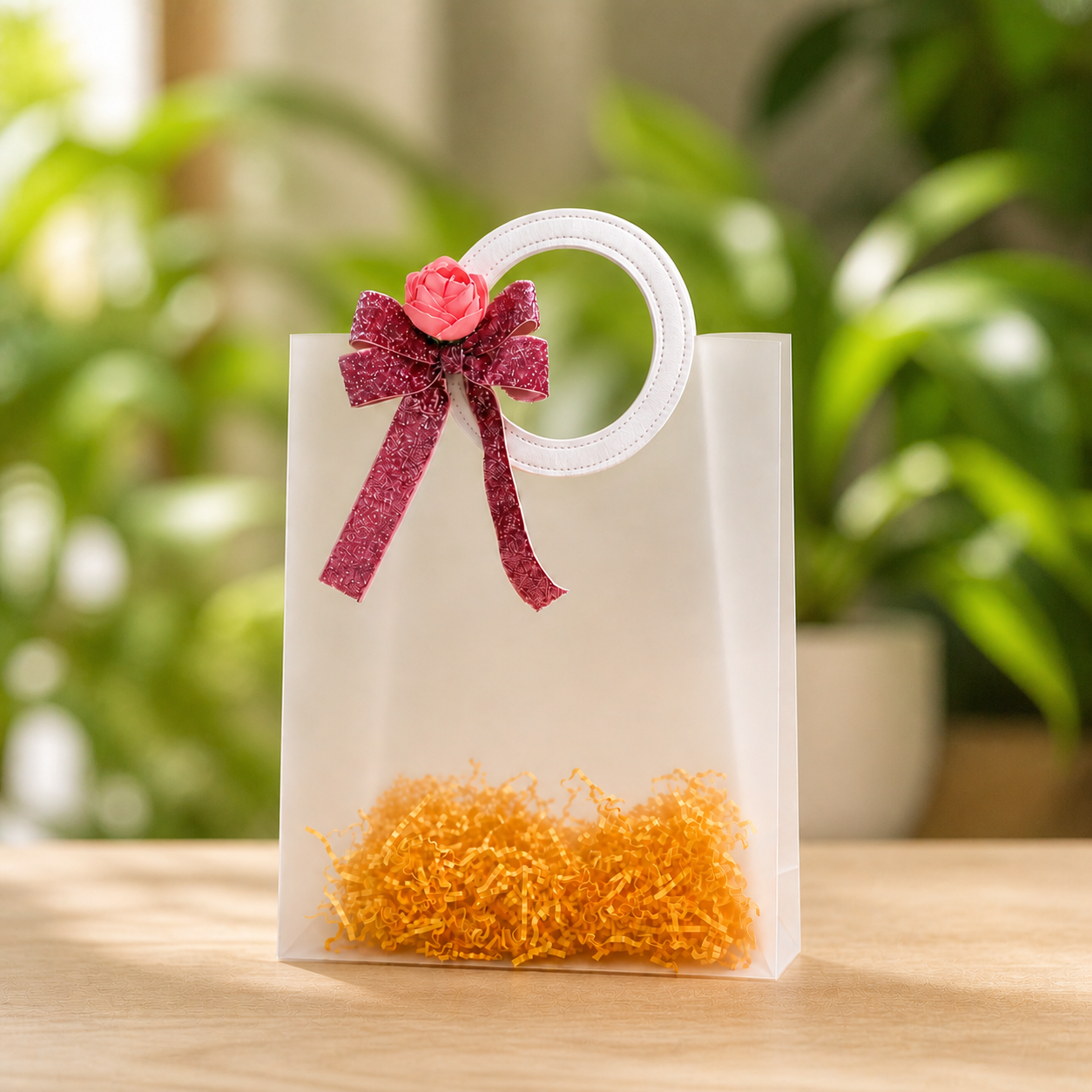 (Set of 5)Premium Frosted Transparent Gift Bags with Floral Bow – 7 x 10 Inch Sizes | Luxury Hamper Packing Bags