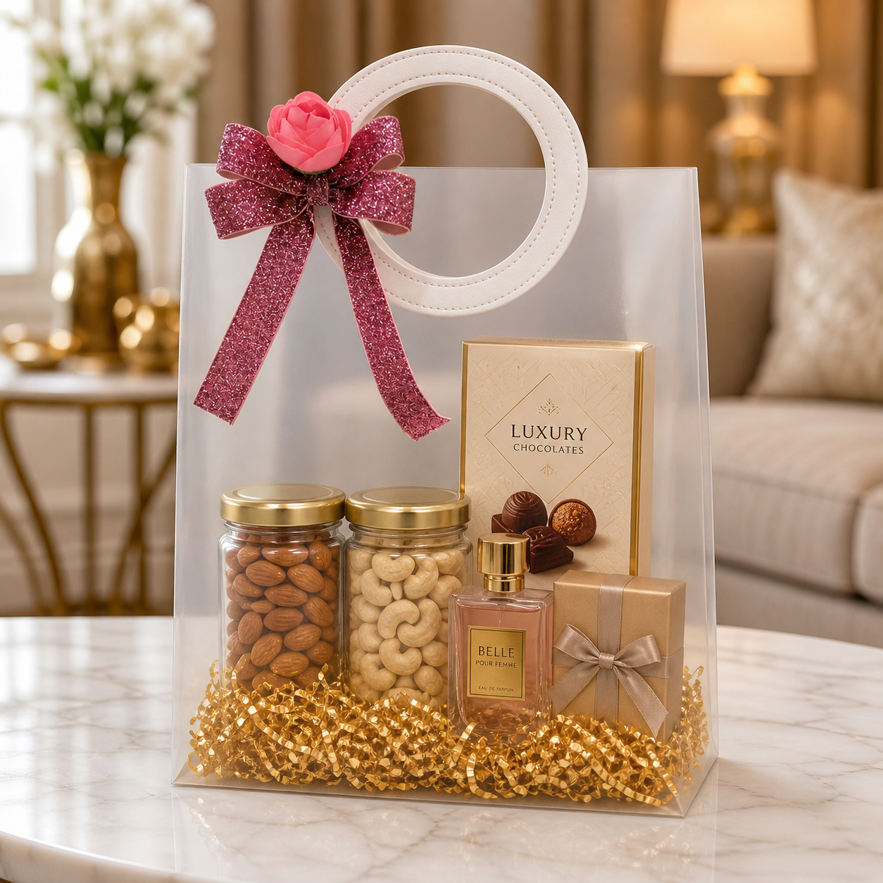 (Set of 5)Premium Frosted Transparent Gift Bags with Floral Bow – 7 x 10 Inch Sizes | Luxury Hamper Packing Bags