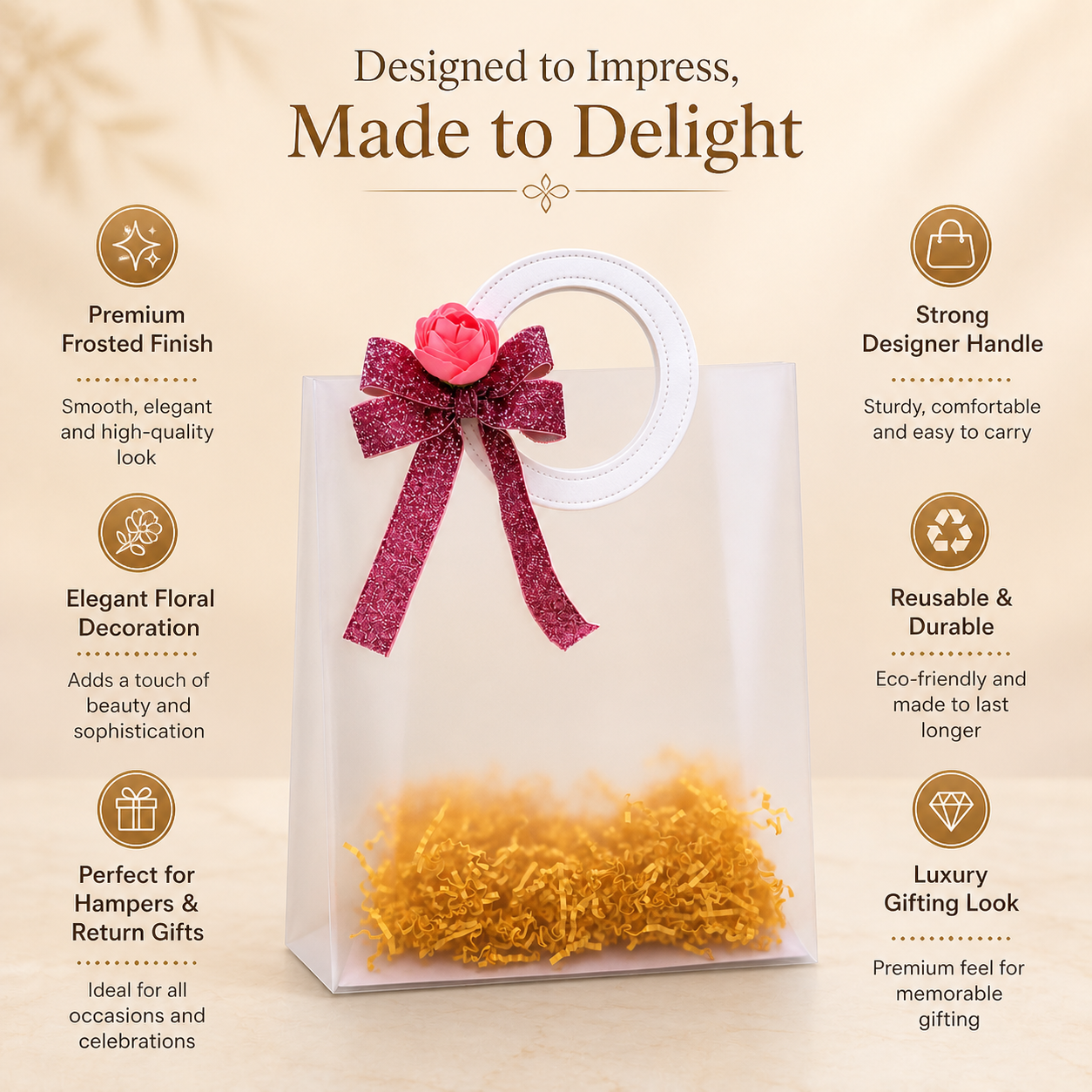 (Set of 5)Premium Frosted Transparent Gift Bags with Floral Bow – 7 x 10 Inch Sizes | Luxury Hamper Packing Bags