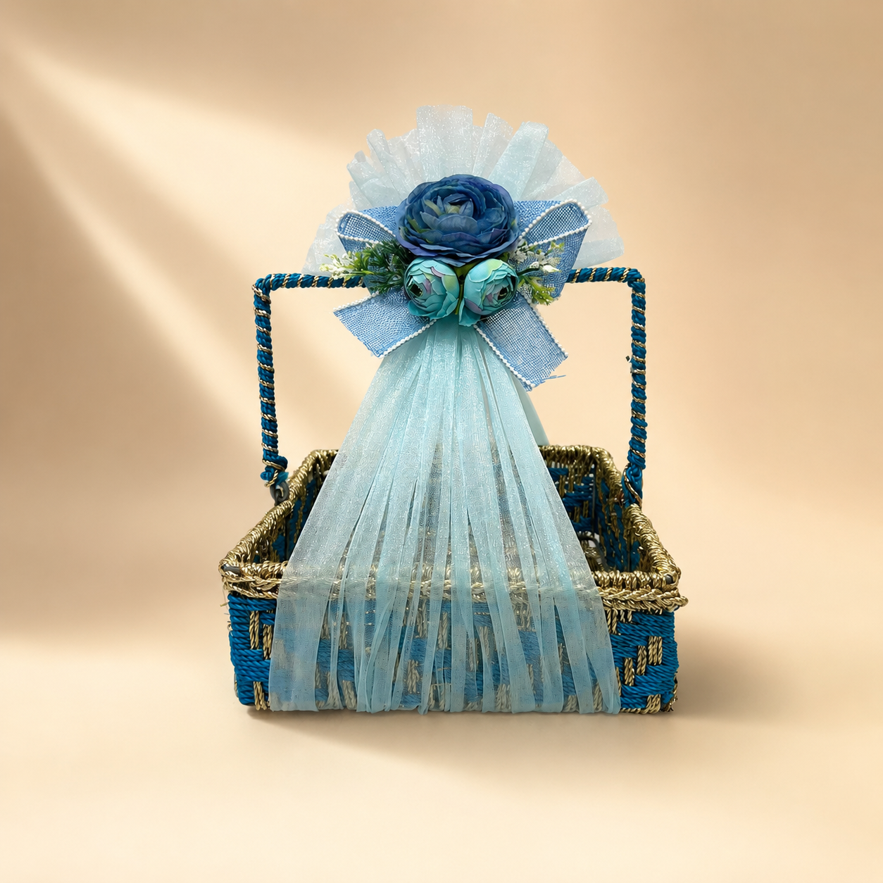 (Set of 3)Premium Blue Floral Handle Basket Set of 3 for Gift Hampers & Trousseau Packing