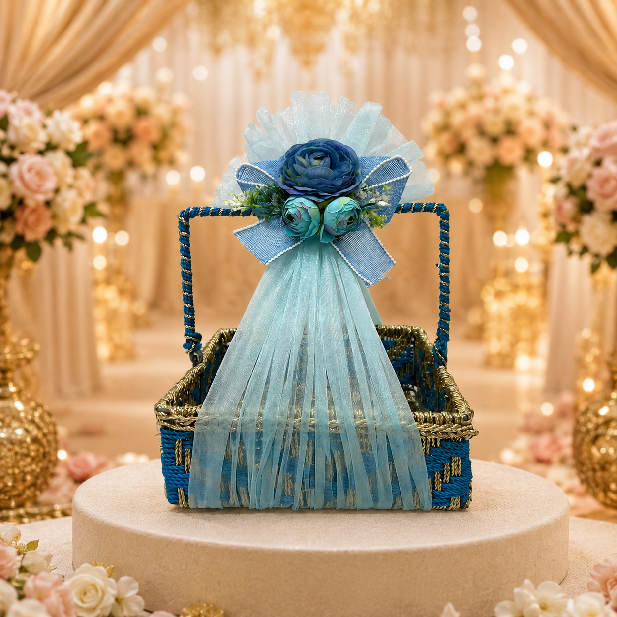 (Set of 3)Premium Blue Floral Handle Basket Set of 3 for Gift Hampers & Trousseau Packing
