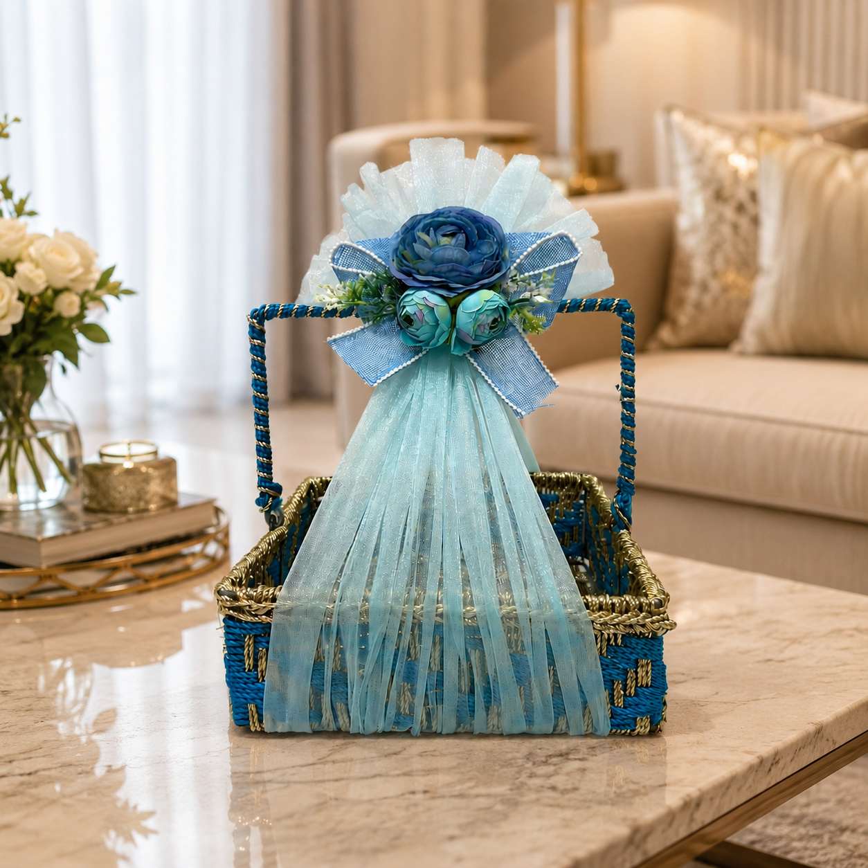 (Set of 3)Premium Blue Floral Handle Basket Set of 3 for Gift Hampers & Trousseau Packing