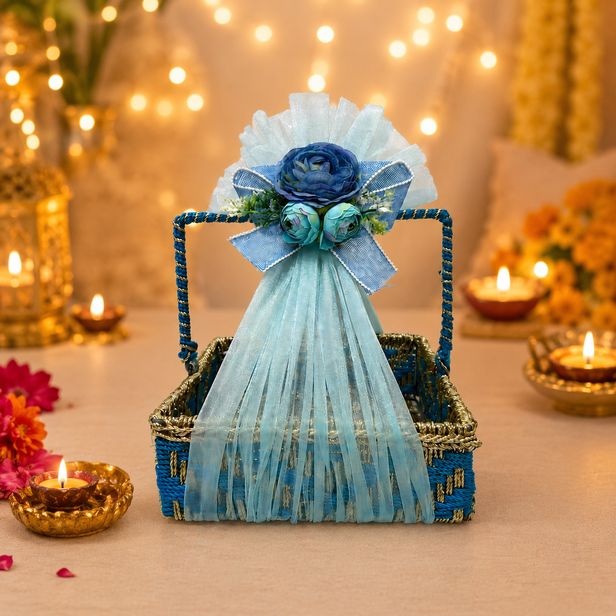 (Set of 3)Premium Blue Floral Handle Basket Set of 3 for Gift Hampers & Trousseau Packing