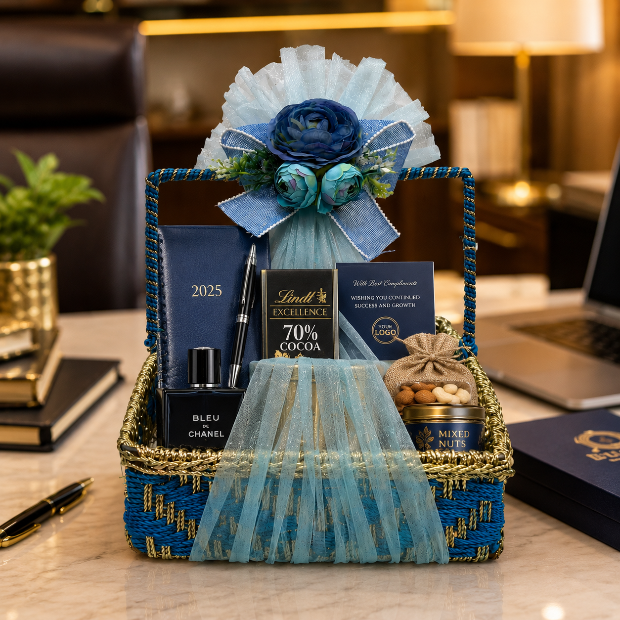 (Set of 3)Premium Blue Floral Handle Basket Set of 3 for Gift Hampers & Trousseau Packing