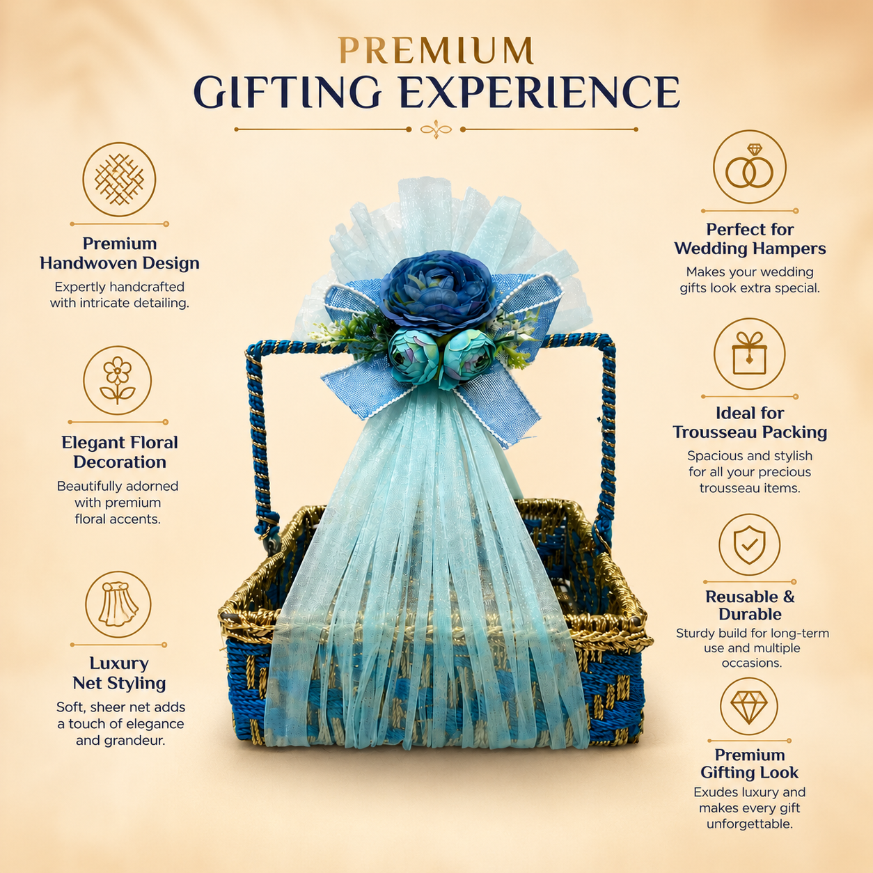 (Set of 3)Premium Blue Floral Handle Basket Set of 3 for Gift Hampers & Trousseau Packing