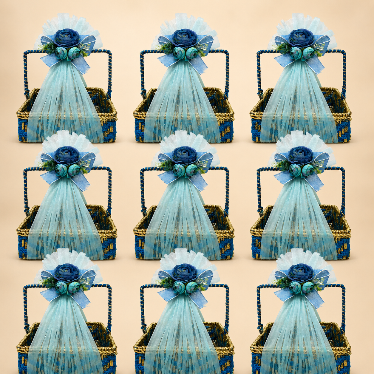 (Set of 3)Premium Blue Floral Handle Basket Set of 3 for Gift Hampers & Trousseau Packing