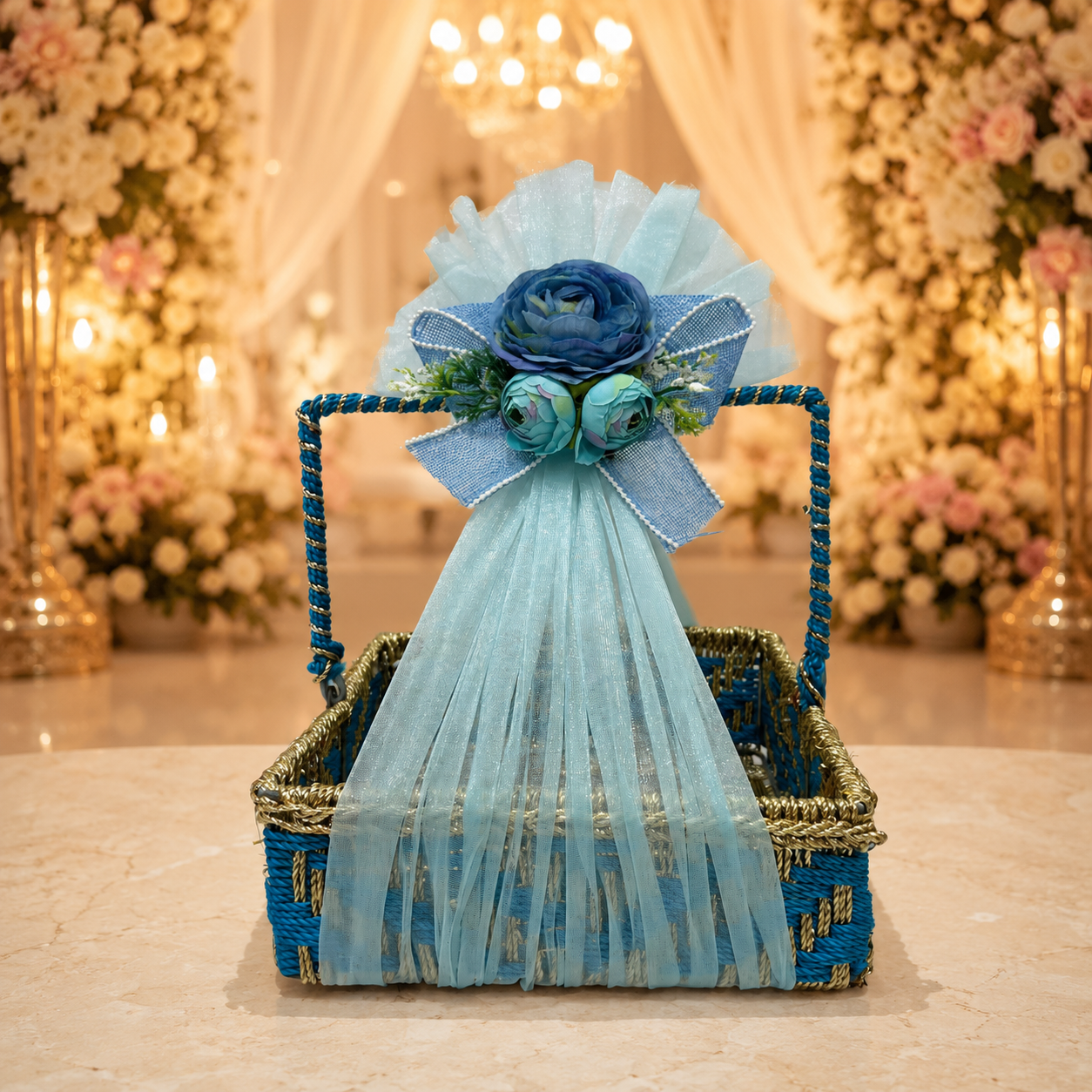 (Set of 3)Premium Blue Floral Handle Basket Set of 3 for Gift Hampers & Trousseau Packing