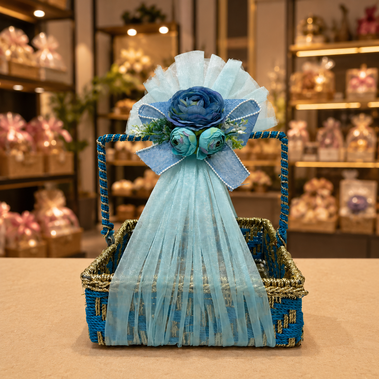 (Set of 3)Premium Blue Floral Handle Basket Set of 3 for Gift Hampers & Trousseau Packing