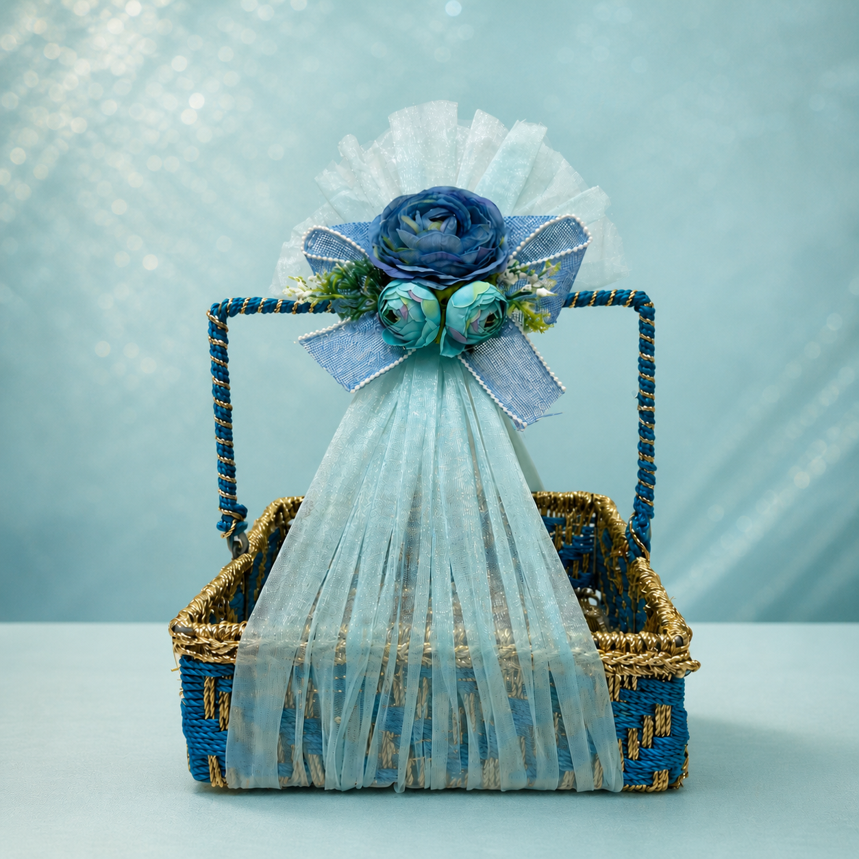 (Set of 3)Premium Blue Floral Handle Basket Set of 3 for Gift Hampers & Trousseau Packing