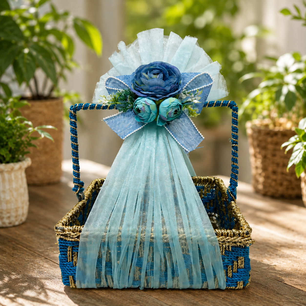 (Set of 3)Premium Blue Floral Handle Basket Set of 3 for Gift Hampers & Trousseau Packing