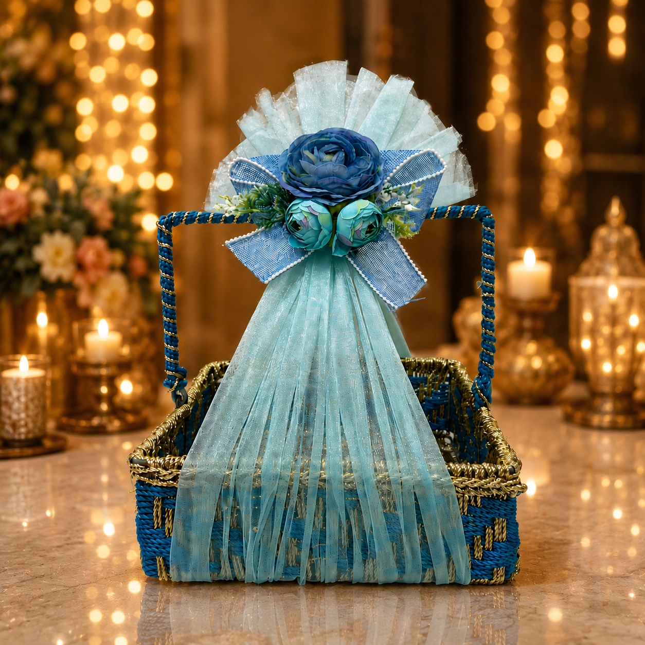 (Set of 3)Premium Blue Floral Handle Basket Set of 3 for Gift Hampers & Trousseau Packing