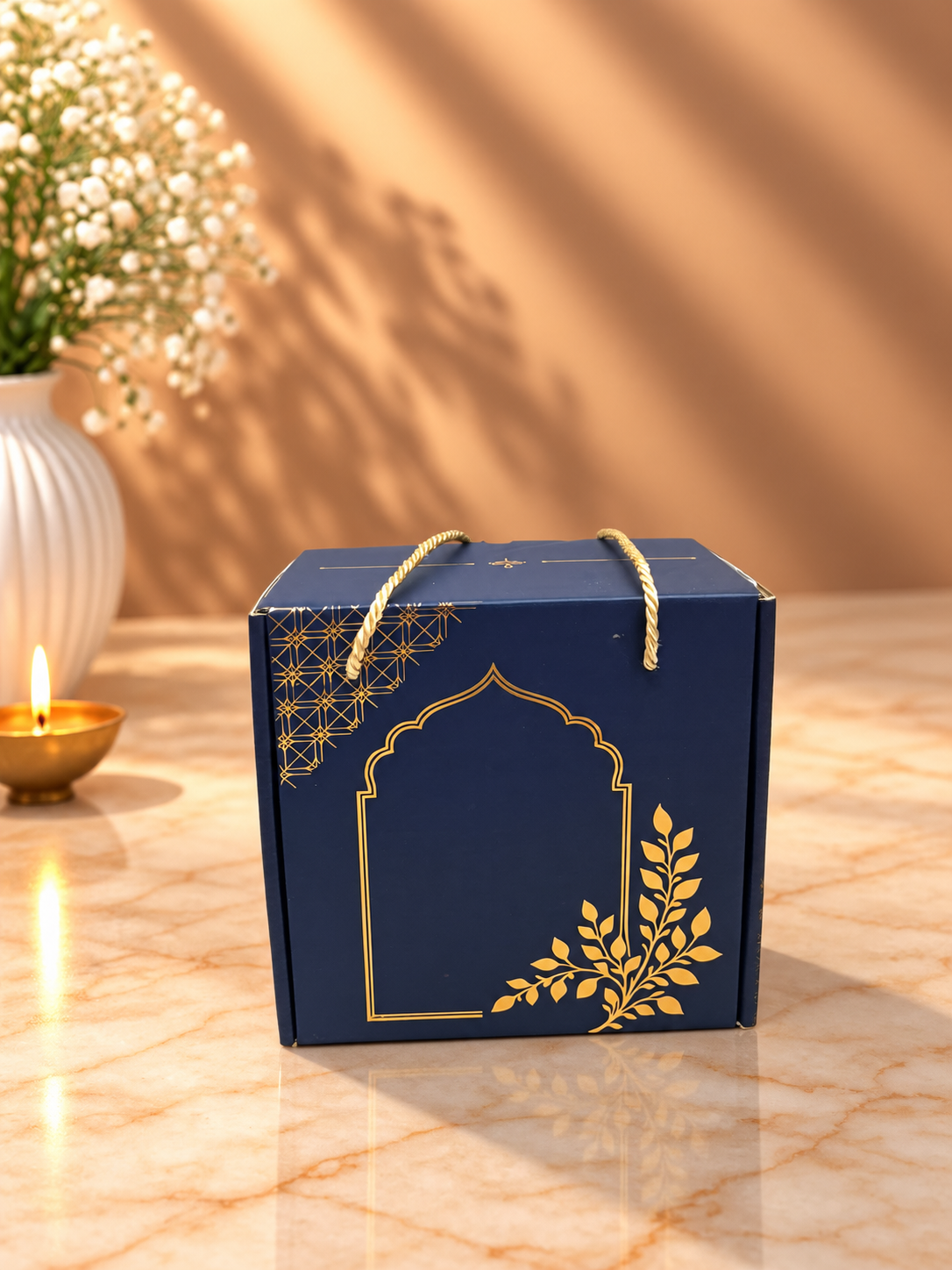 Navy Blue & Gold Foil Arch Design Hamper Box with Rope Handle – 9 x 9 x 5 Inches | Packs of 10, 50 & 100