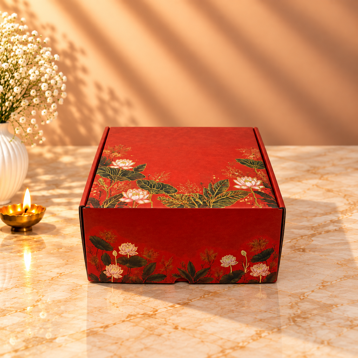 Red Lotus Printed corrugated hamper box 9 x 9 x 5 inches for Diwali, wedding and corporate gifting