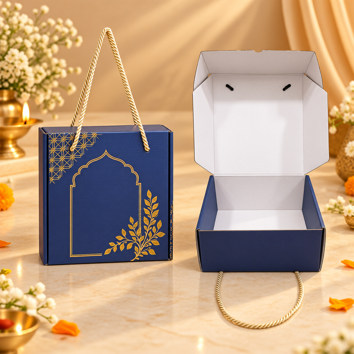 Navy Blue & Gold Foil Arch Design Hamper Box with Rope Handle – 9 x 9 x 5 Inches | Packs of 10, 50 & 100