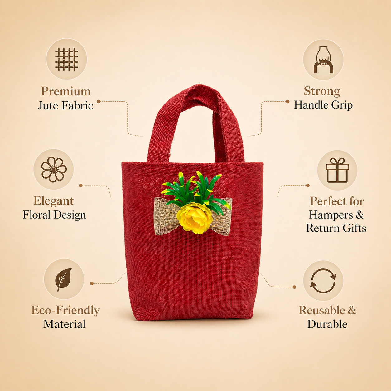 (Set of 5)Premium Red Jute Gift Bag with Floral Bow – Reusable Hamper Bag
