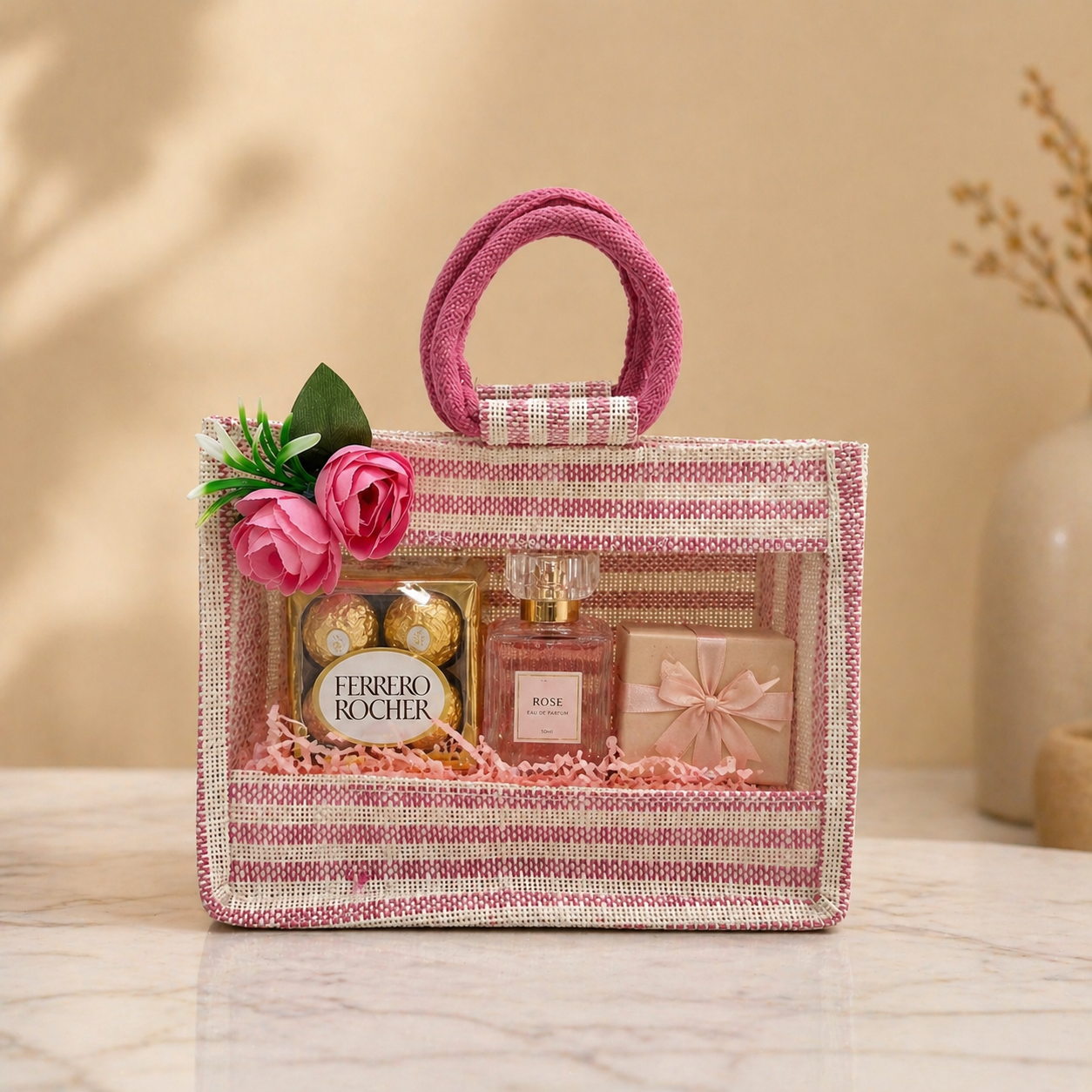 (Set of 5) Premium Pink Jute Gift Bags with Floral Decoration & Handle (11 x 12 Inch) – Wedding Return Gift & Hamper Packaging