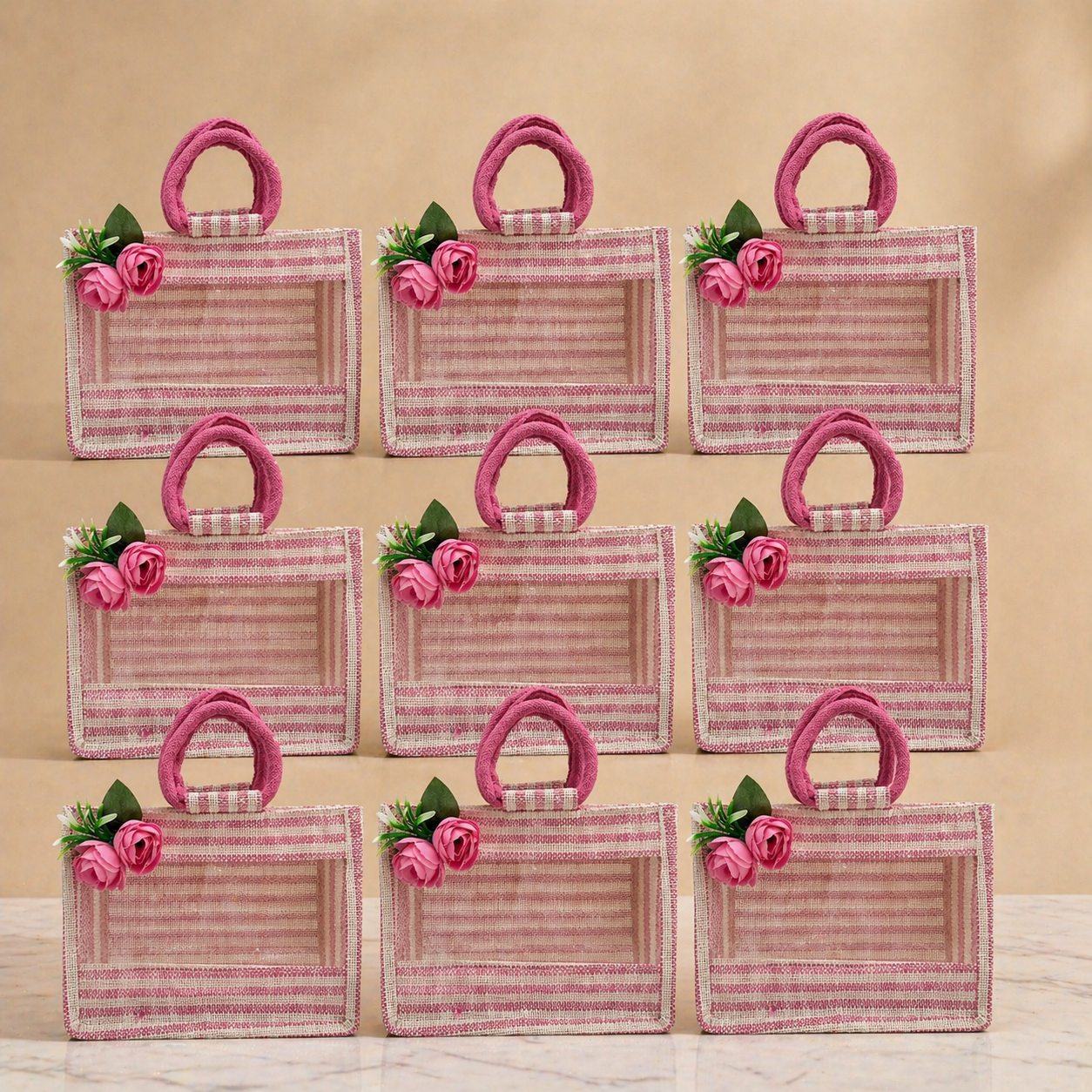 (Set of 5) Premium Pink Jute Gift Bags with Floral Decoration & Handle (11 x 12 Inch) – Wedding Return Gift & Hamper Packaging
