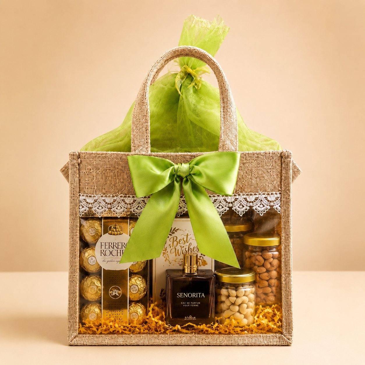 (Set of 5)Premium Jute Gift bags with Transparent Window & Green Bow – 12 x 15 Inches