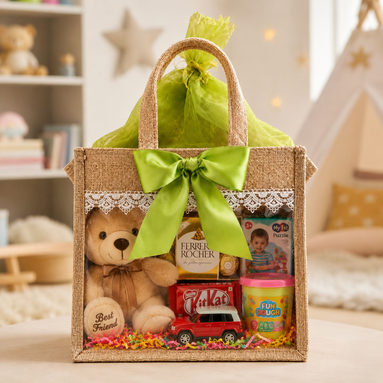 (Set of 5)Premium Jute Gift bags with Transparent Window & Green Bow – 12 x 15 Inches