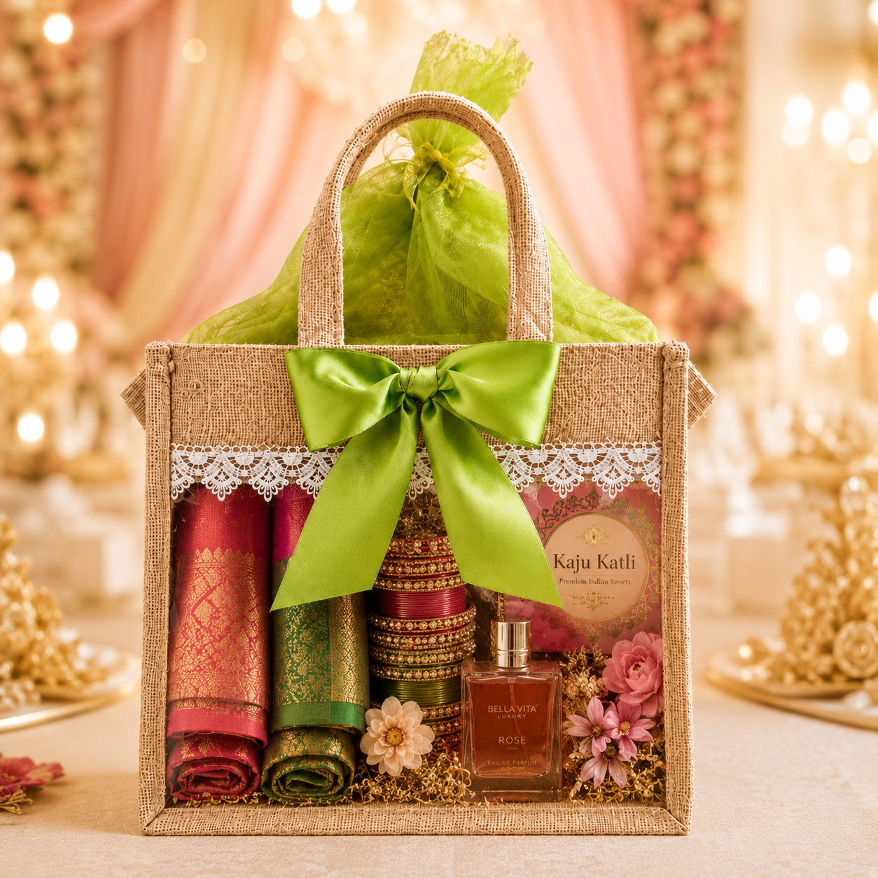 (Set of 5)Premium Jute Gift bags with Transparent Window & Green Bow – 12 x 15 Inches