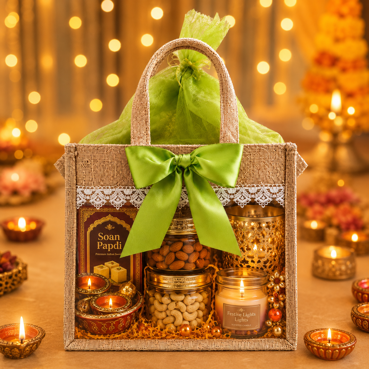 (Set of 5)Premium Jute Gift bags with Transparent Window & Green Bow – 12 x 15 Inches
