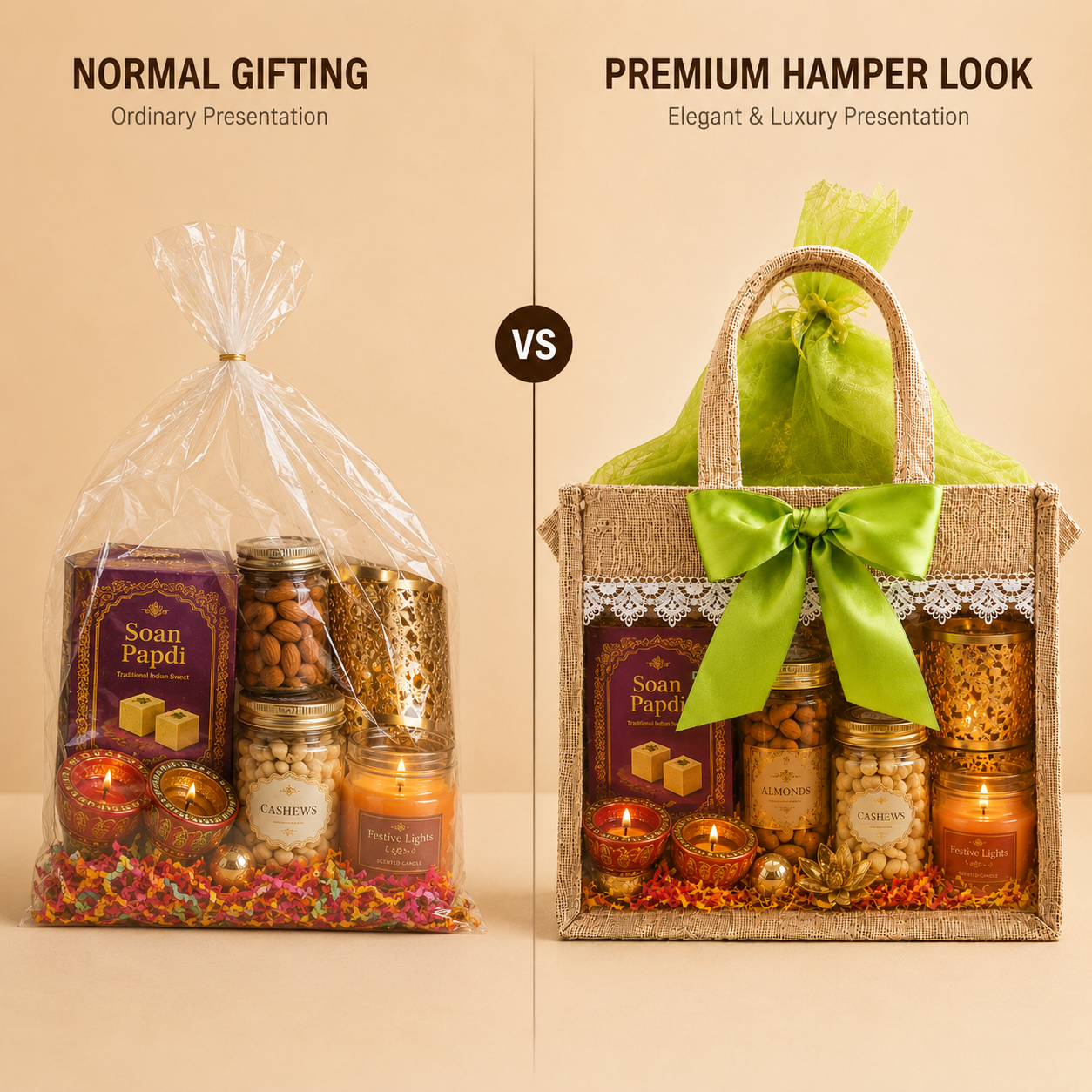 (Set of 5)Premium Jute Gift bags with Transparent Window & Green Bow – 12 x 15 Inches