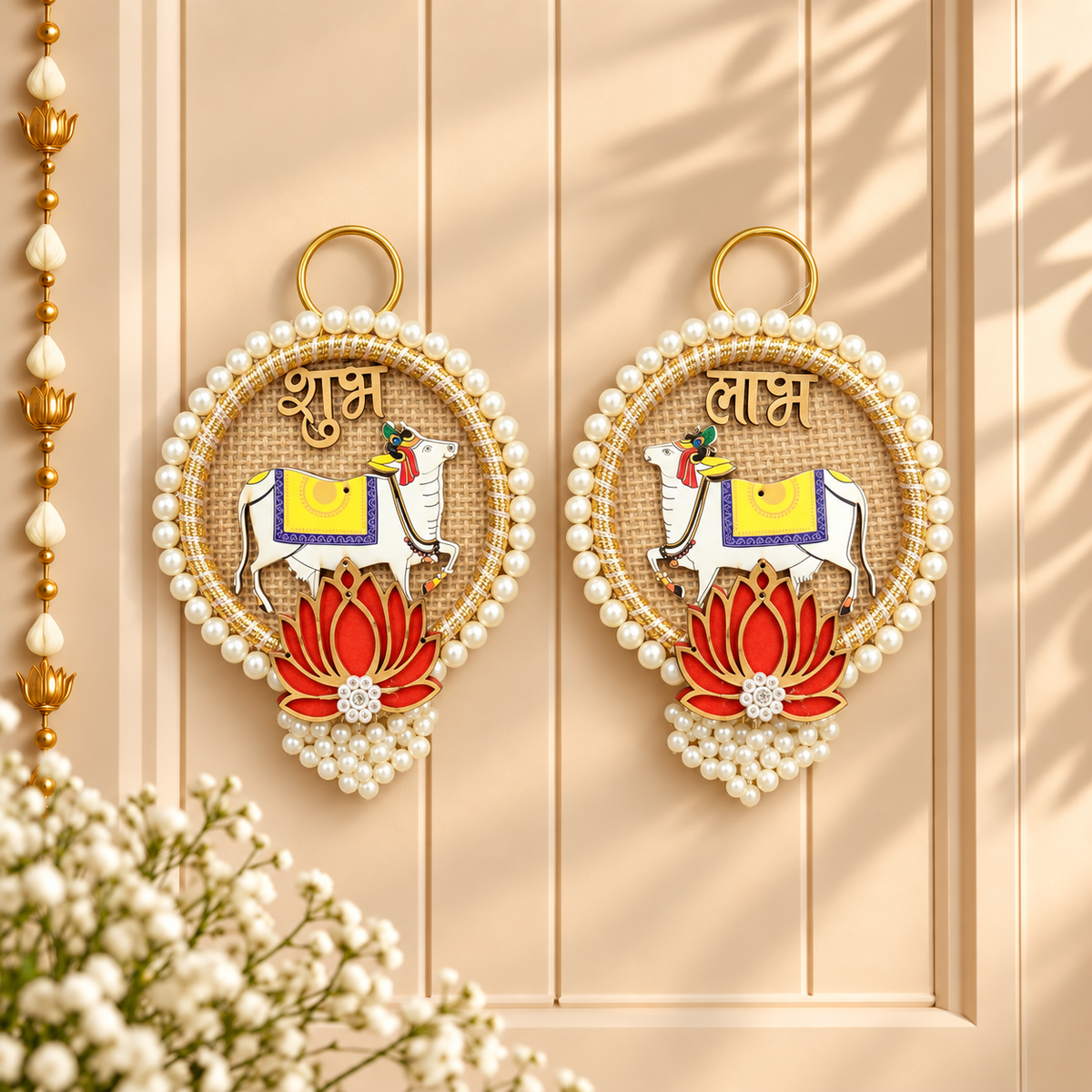Circular Jute Cow Shubh Labh door hanging for main door and Diwali home decoration in India