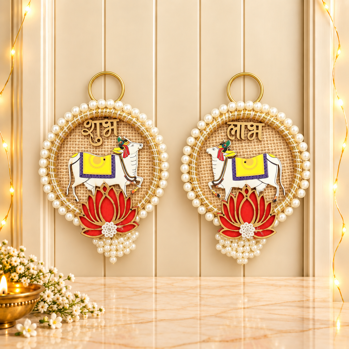 Circular Jute Cow Shubh Labh hanging displayed on main door for Diwali and Gruh Pravesh decoration