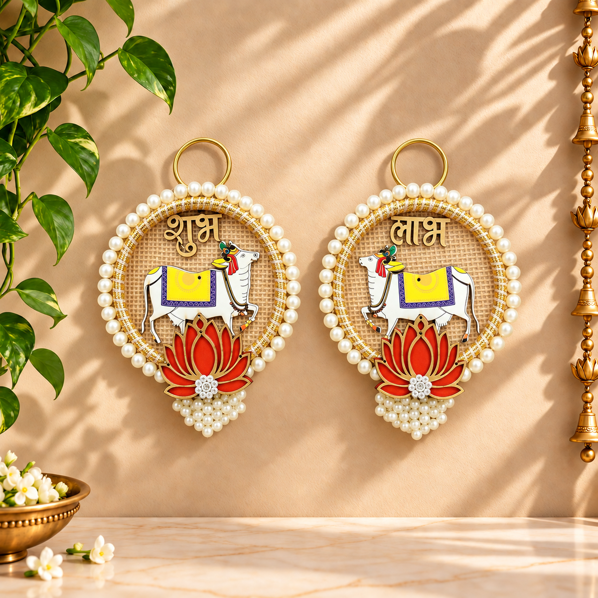 Circular Jute Cow Shubh Labh pair with traditional Indian festive detailing for Diwali decoration