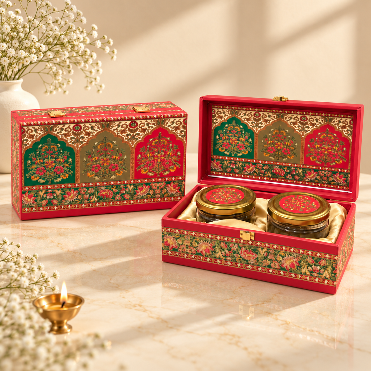 Closed Crimson and Green luxury festive hamper box for Diwali, weddings and corporate gifting