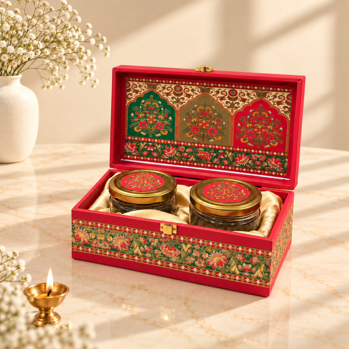Open Crimson and Green hamper box with two empty jars for customized Diwali and wedding gifting