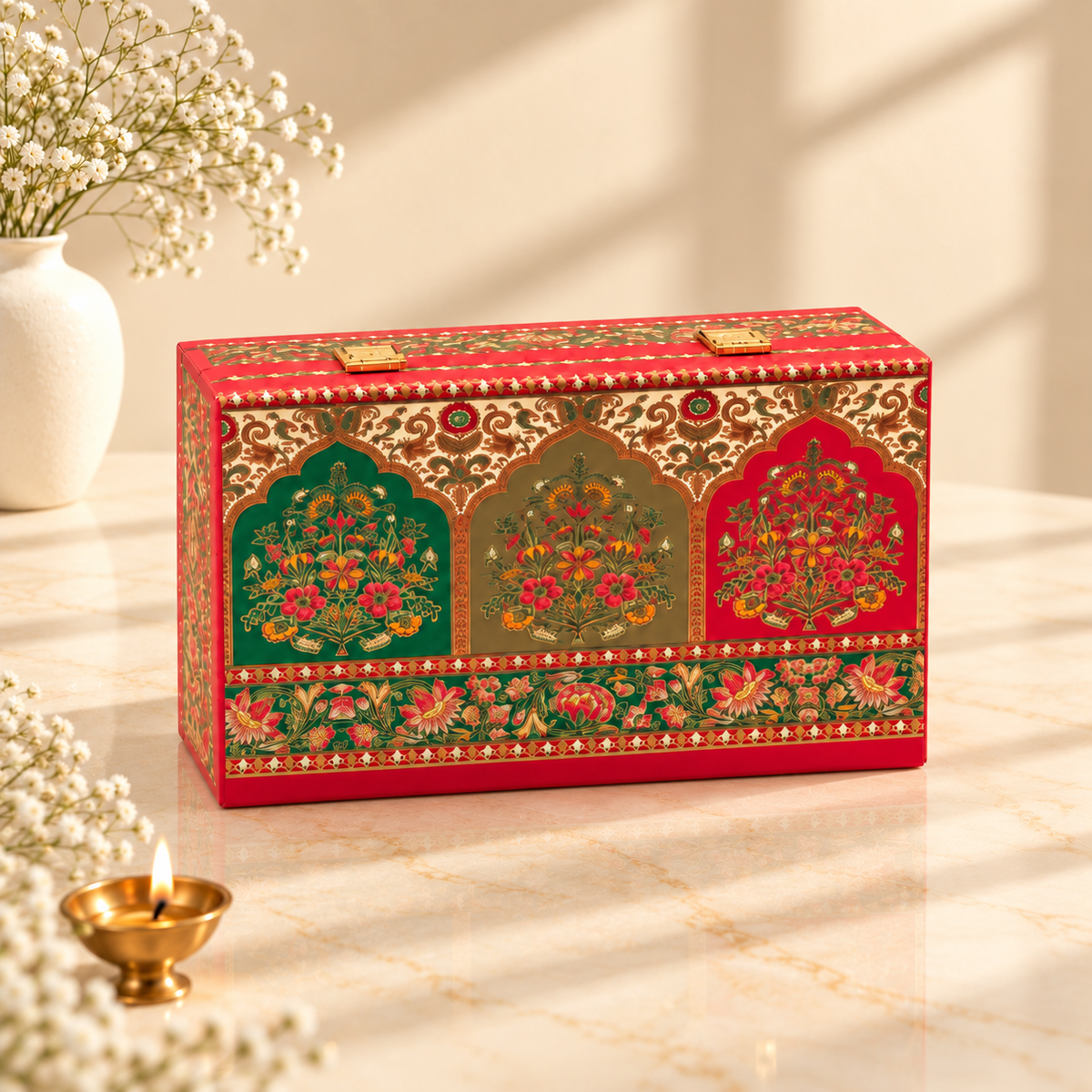 Crimson and Green 2-jar luxury festive hamper box for Diwali, weddings and corporate gifting in India