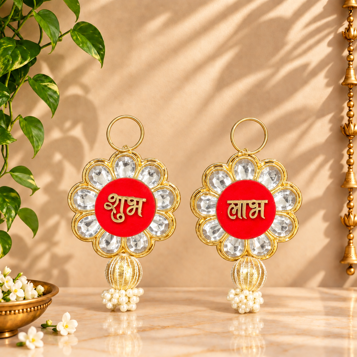 Crystal Flower Shubh Labh pair with elegant floral and festive detailing for Diwali decoration