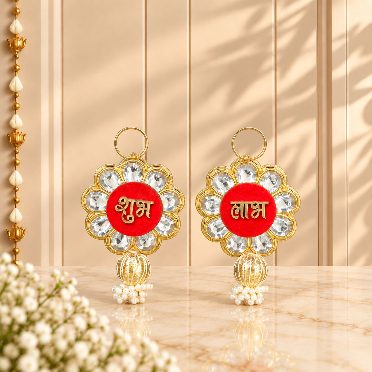 Crystal Flower Shubh Labh hanging displayed on main door for Diwali and Gruh Pravesh decoration