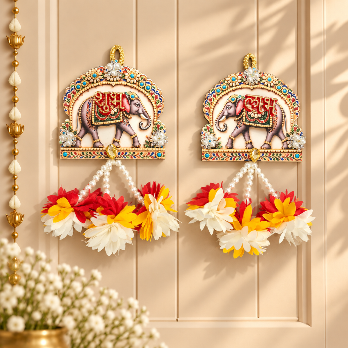 Elephant Motif Shubh Labh pair displayed as Diwali entrance and wall decoration