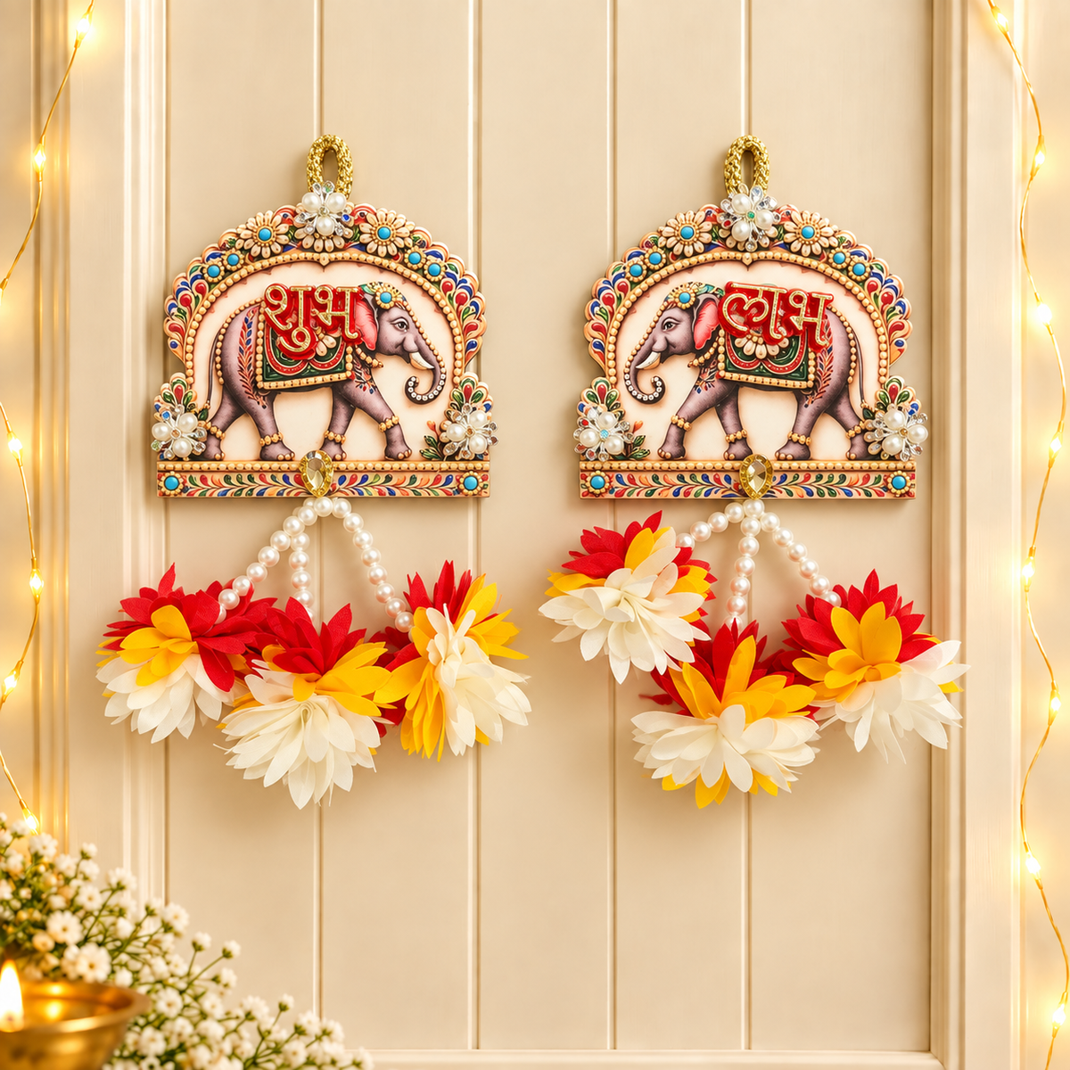 Close-up of traditional Elephant Motif Shubh Labh decorative pair for festive home decor