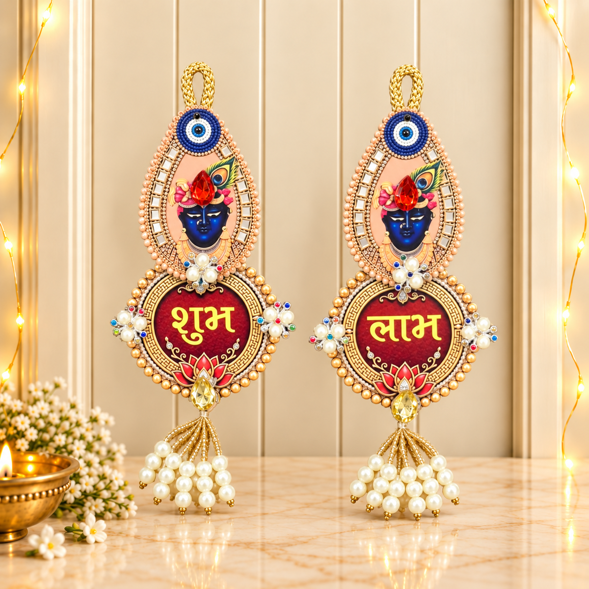 Divine Krishna Motif Shubh Labh door hanging for main door and Diwali home decoration in India