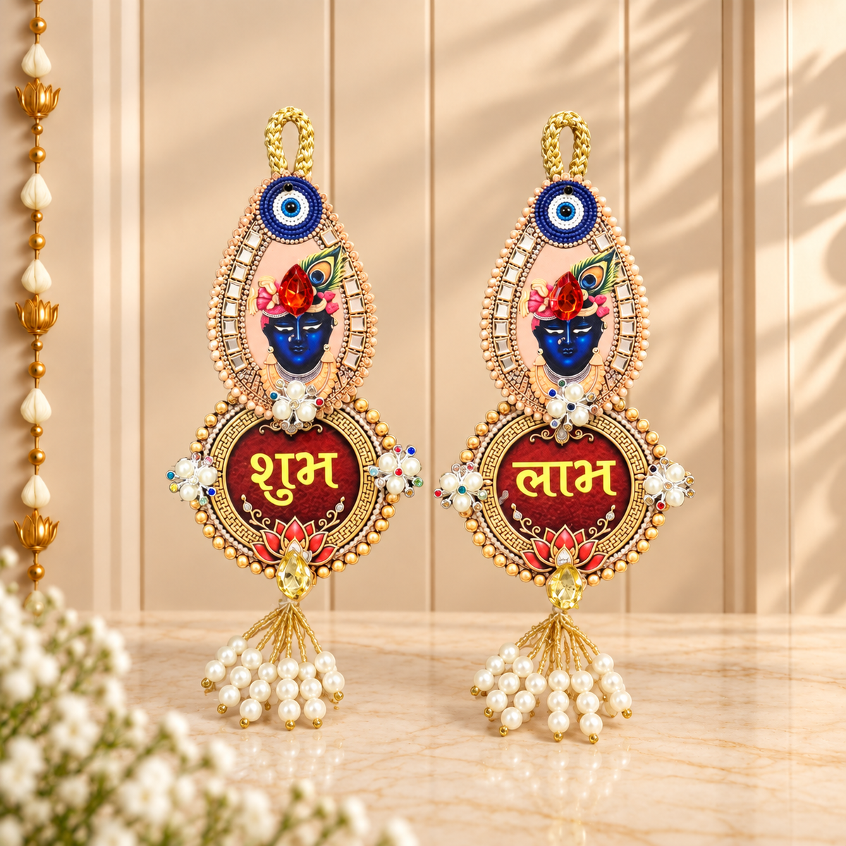Krishna Motif Shubh Labh hanging displayed on main door for Diwali and Gruh Pravesh decoration