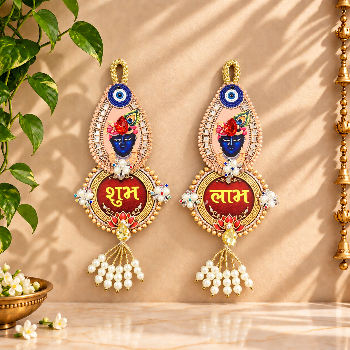 Divine Krishna Motif Shubh Labh pair with traditional Indian devotional detailing for festive decoration
