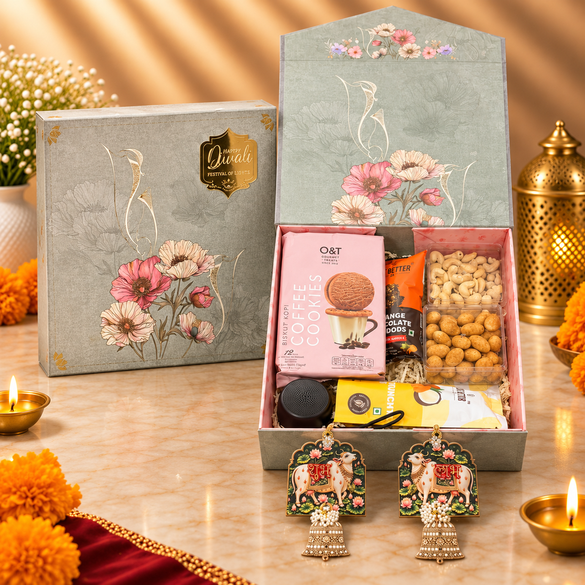 Custom branded Diwali hamper with acrylic dry fruit boxes, Portronics speaker, cashews, almonds and premium festive treats