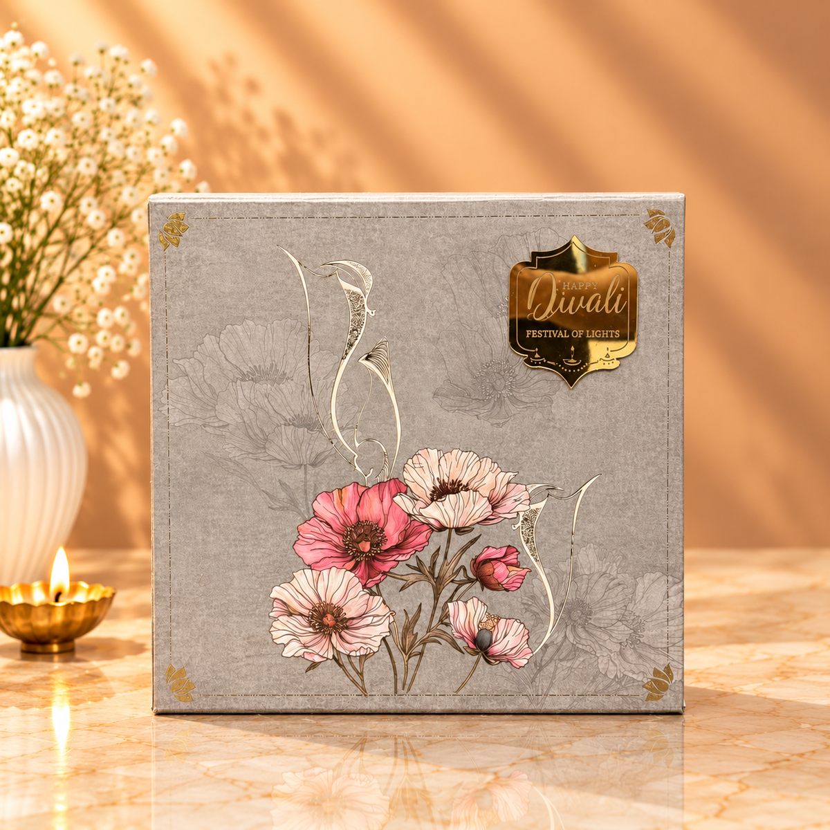 Open custom corporate Diwali hamper with branded acrylic boxes, Portronics speaker, dry fruits, cookies and festive decor