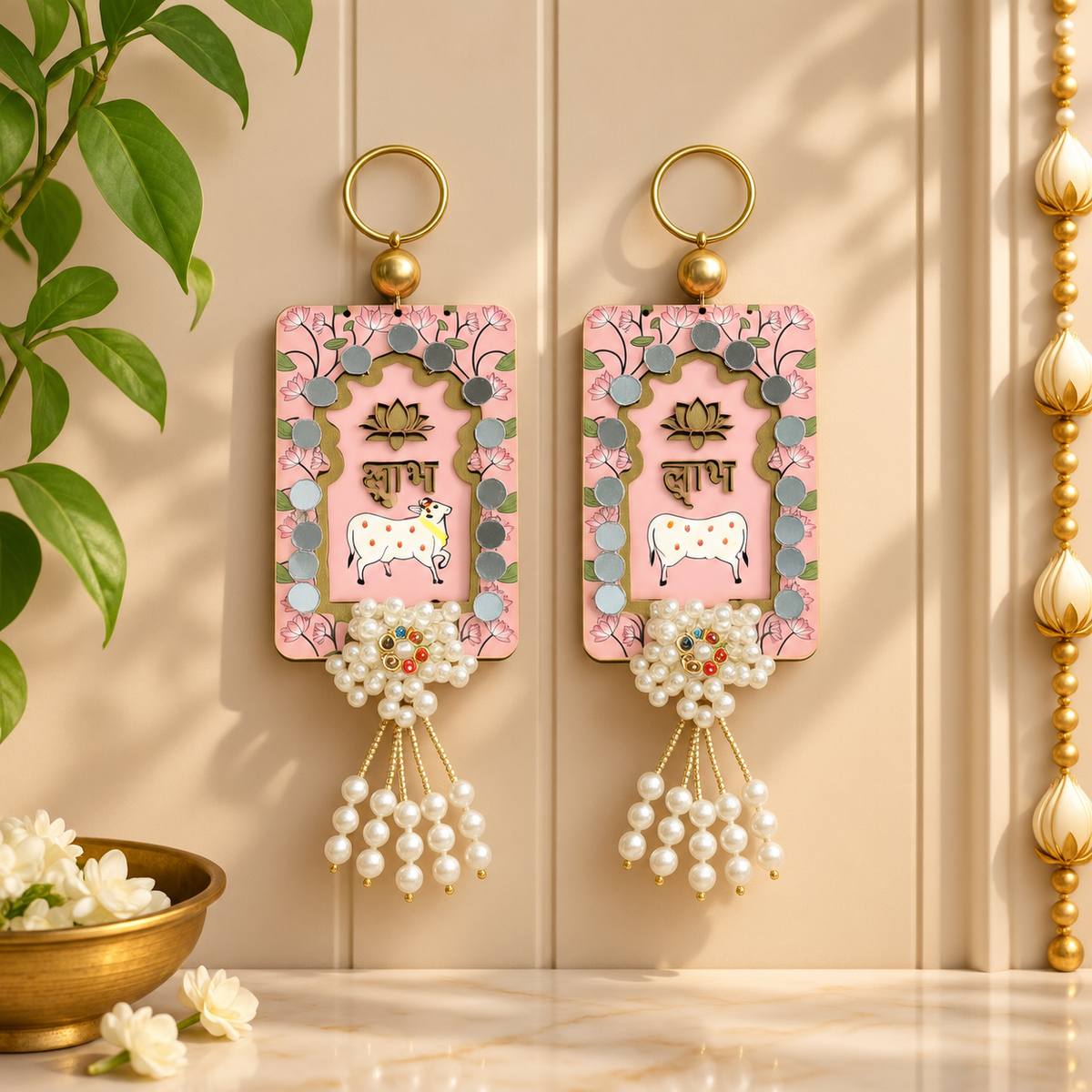 Close-up of Pink Pastel Base and Sacred Cow Motif on Shubh Labh Hanging