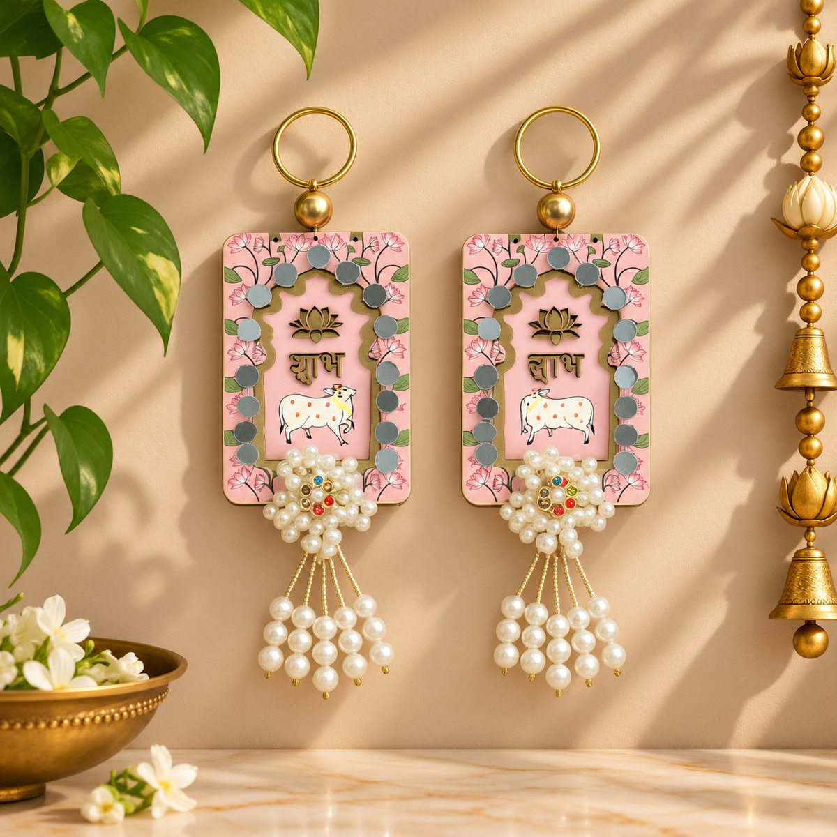 Traditional Pink Shubh Labh Door Hanging Displayed on Wall for Festive Home Decor