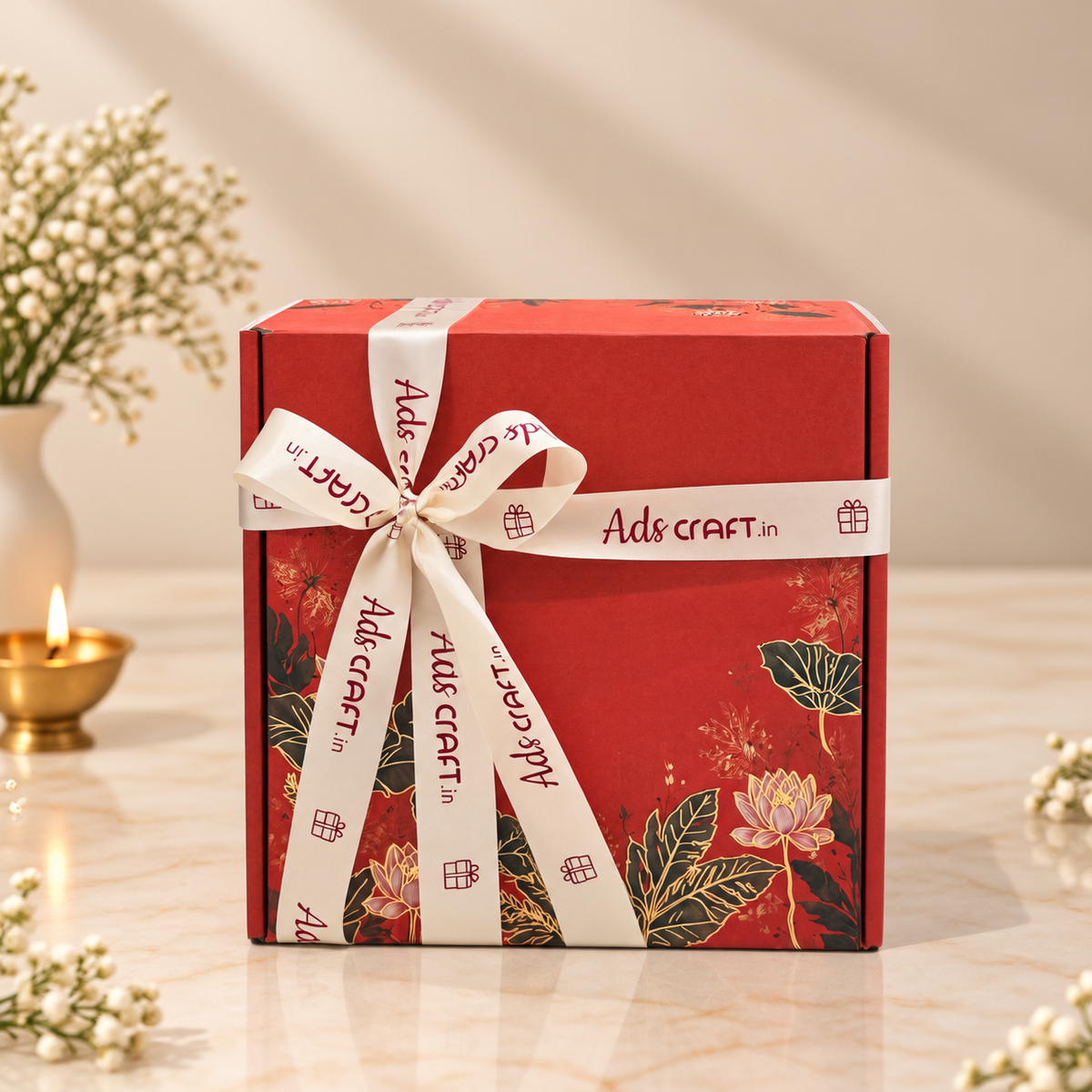 Floral Festive Diwali hamper with spiced cashews, almonds, namkeen, date bites, candle holders and festive decor