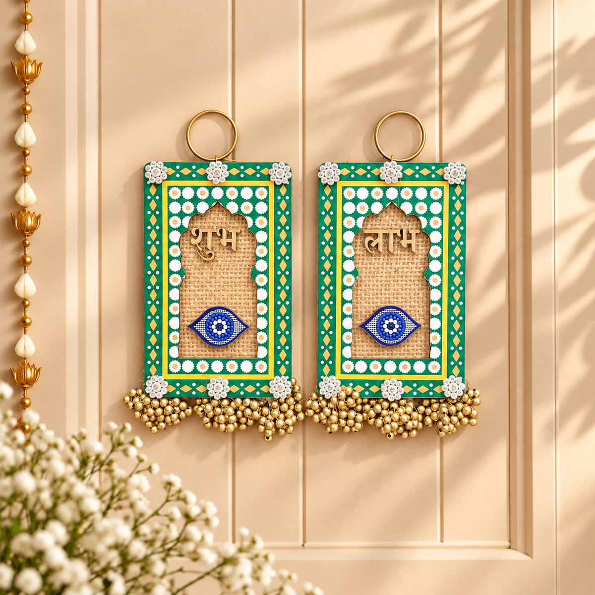 Evil Eye Green Shubh Labh Door Hanging Pair