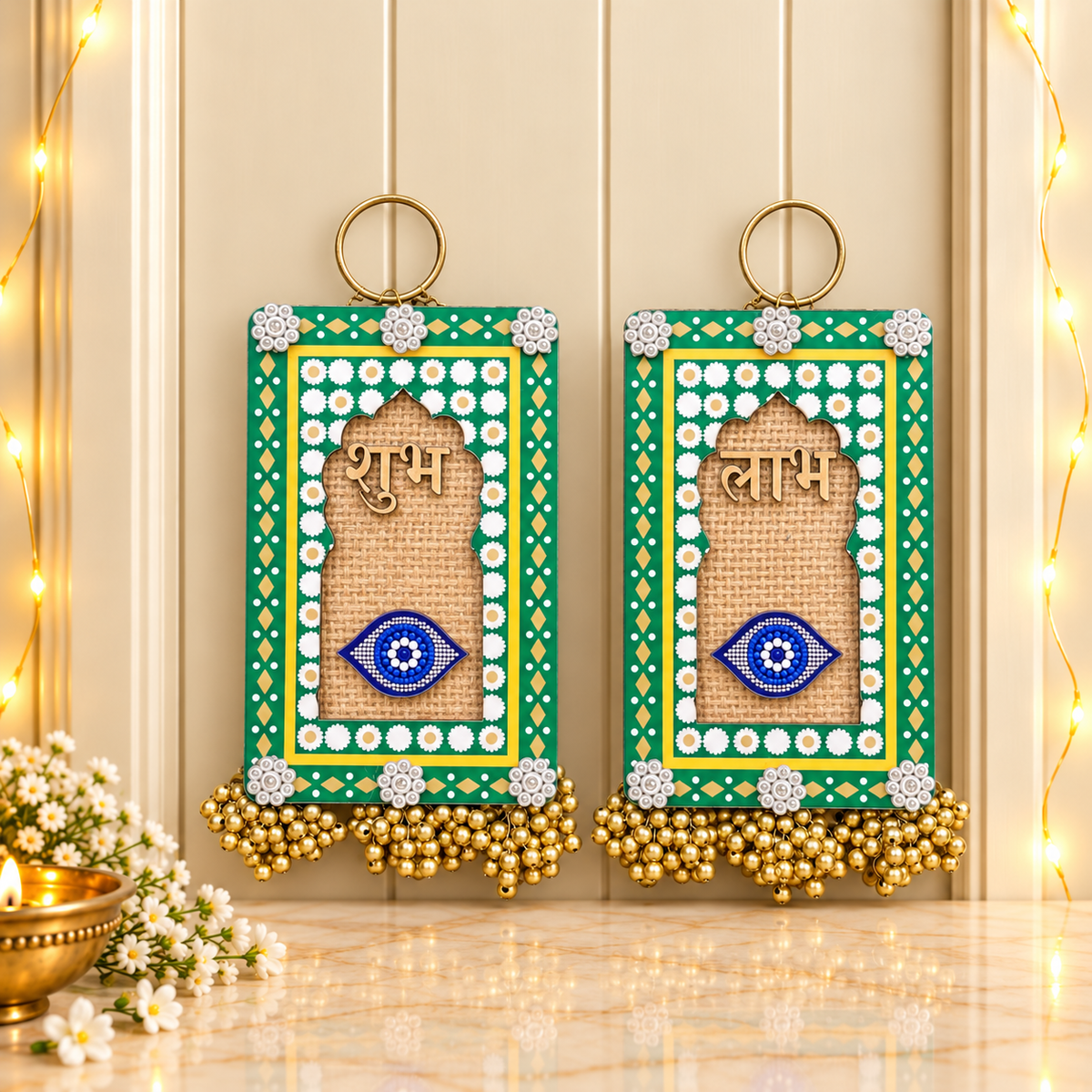 Evil Eye Green Shubh Labh Door Hanging Pair