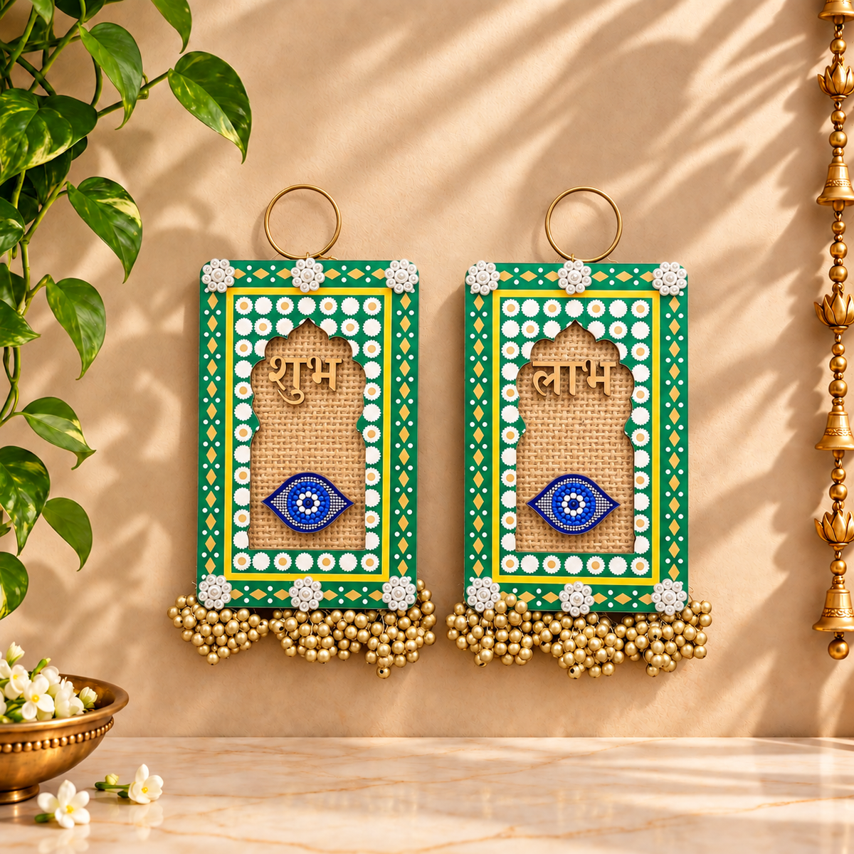 Evil Eye Green Shubh Labh Door Hanging Pair