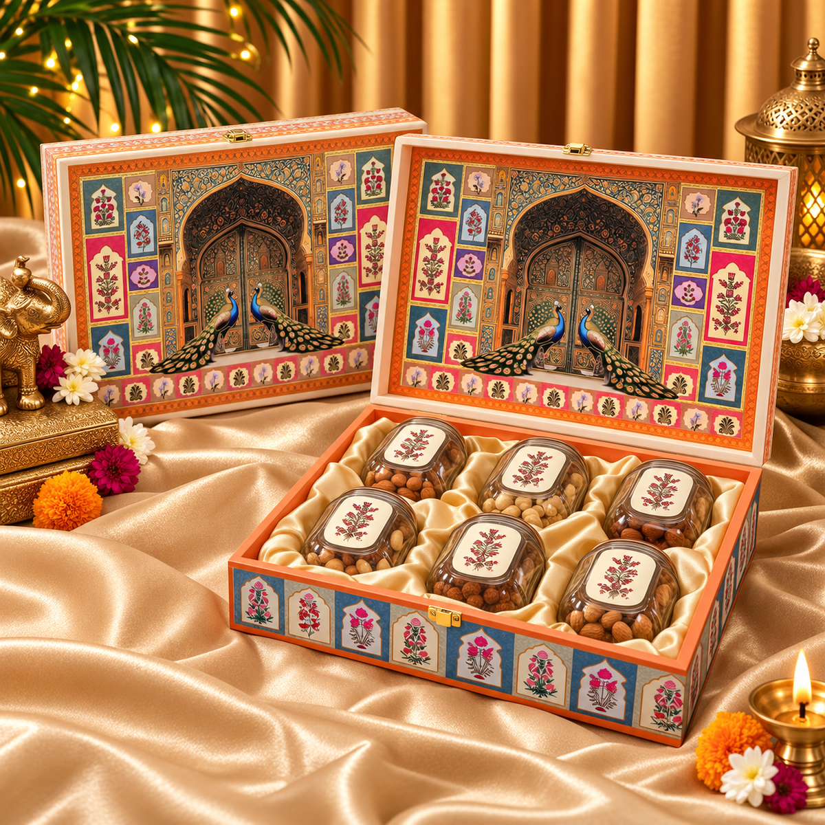 Open Royal Peacock Palace 6-jar gift box for dry fruits, sweets, chocolates and festive gifting